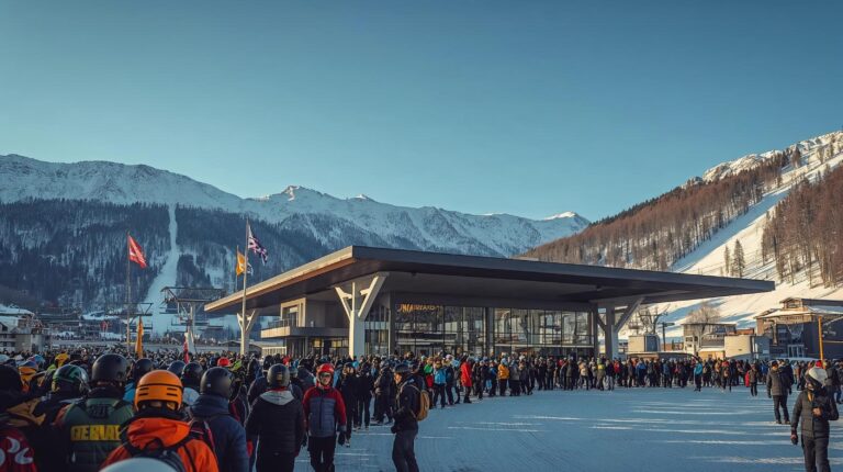 Queue in front of the starting station of the Bansko cable car during the winter season 2025 with a view of Pirin Mountain