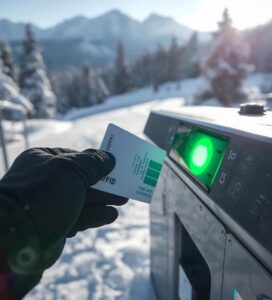 Скиор сканира лифт карта на начална станция на кабинковия лифт в Банско.