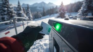 A skier scans a lift pass at the starting station of the gondola lift in Bansko.