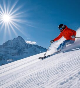Скиор прави завой на писта в Банско на фона на връх Тодорка в слънчев ден.