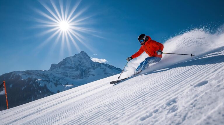 A skier makes a turn on a slope in Bansko with Mount Todorka in the background on a sunny day.