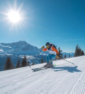 Начинаещ скиор се учи да кара ски на писта в Банско
