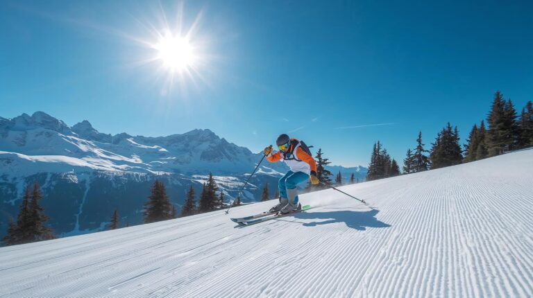 A beginner skier learns to ski on a slope in Bansko