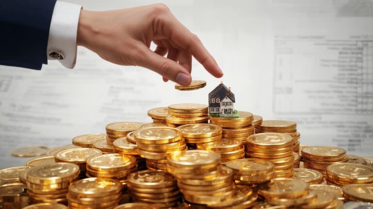 A hand in a business suit places a model house on a large pile of gold coins, against a backdrop of blurred financial documents and drawings symbolizing real estate profits and taxation.