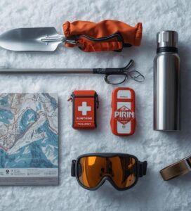 Пълен комплект зимна екипировка за планинска безопасност в Пирин – лавинен уред, сонда, лопата и аптечка