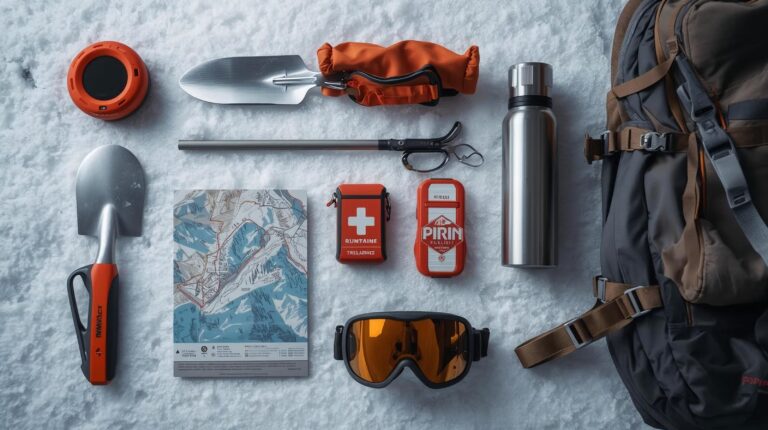 A complete set of winter equipment for mountain safety in Pirin – avalanche transceiver, probe, shovel and first aid kit