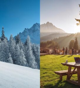 Колаж показващ Банско през четирите сезона - зимни ски писти и летен фестивал за дигитални номади.