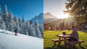 A collage showing Bansko in all four seasons - winter ski slopes and a summer festival for digital nomads.
