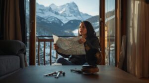Жена с карта в ръце, седнала до прозорец с гледка към заснежени планински върхове, в уютен планински апартамент.