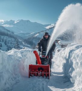 Мъж използва бензинов снегорин за почистване на сняг пред къща в Банско на фона на Пирин.