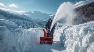 A man uses a gasoline snowplow to clear snow in front of a house in Bansko with the Pirin Mountains in the background.