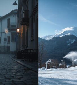 Сравнително изображение: мъглива старинна уличка с човек, който върви по калдъръмен път, и зимен планински пейзаж със снежни склонове и лифтове