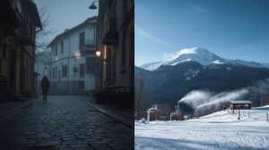 Comparative image: foggy old street with a person walking on a cobblestone road and a winter mountain landscape with snowy slopes and ski lifts