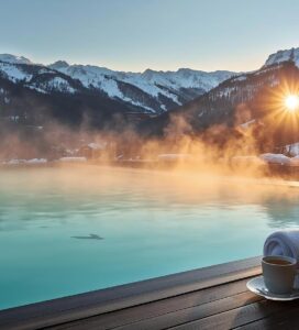 Външен минерален басейн в Банско с гледка към заснежените върхове на Пирин планина през зимата.