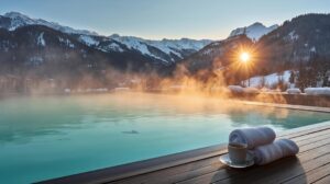 An outdoor mineral pool in Bansko with a view of the snow-capped peaks of Pirin Mountain in winter.