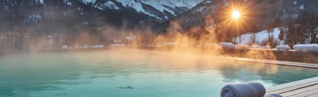 Външен минерален басейн в Банско с гледка към заснежените върхове на Пирин планина през зимата.