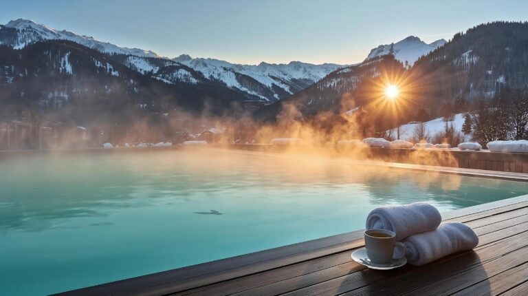 An outdoor mineral pool in Bansko with a view of the snow-capped peaks of Pirin Mountain in winter.