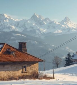 Дигитална илюстрация на възрожденска архитектура в Банско със старата камбанария на заден план и заснежените върхове на Пирин.