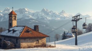 Digital illustration of Bulgarian Renaissance architecture in Bansko with the old bell tower in the background and the snow-capped peaks of Pirin.