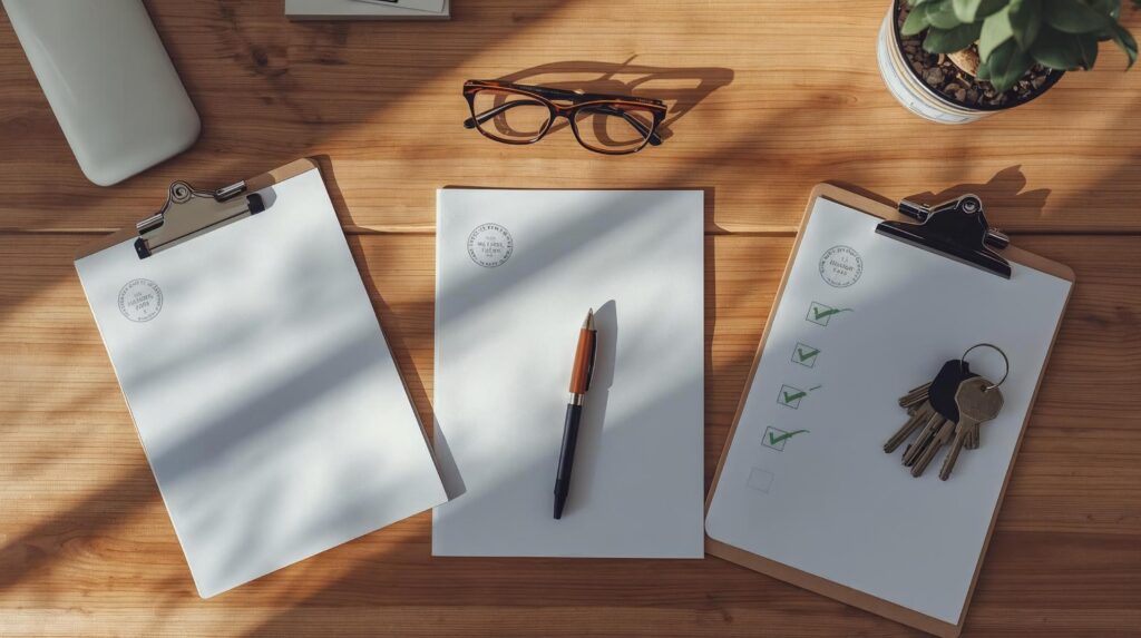 Снимка отгоре (flat lay) на подредено дървено бюро, осветено от естествена светлина. Виждат се два клипборда с документи и чек-лист със зелени отметки, химикал, очила, връзка ключове за имот и малко растение.