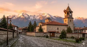 Църква Света Троица в Банско с изглед към Пирин планина