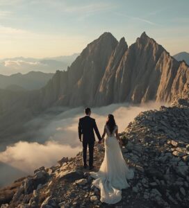 Младоженци на фотосесия на седловината Кончето в Пирин планина над Банско. Title: Сватбена фотосесия Кончето Пирин Банско