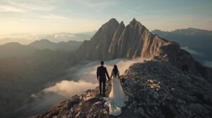 Newlyweds on a photo shoot at the Koncheto saddle in the Pirin Mountains above Bansko. Title: Wedding photo shoot Koncheto Pirin Bansko