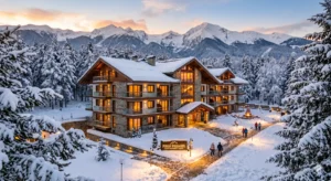 Луксозен апартаментен комплекс в Банско покрит със сняг