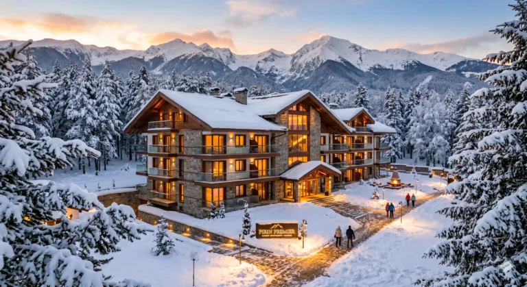 Луксозен апартаментен комплекс в Банско покрит със сняг