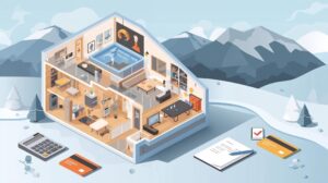 Исометричен чертеж на съвременен хол с планински пейзаж на фона, показващ финансово планиране, бюджетиране и управление на домашното хозяйство чрез символи на кредитни карти, калкулатор и контролни списъци