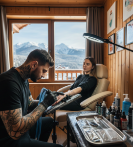 Процес на татуиране в студио с гледка към Пирин планина в района на Банско.