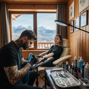 Tattooing process in a studio with a view of the Pirin Mountains in the Bansko region.