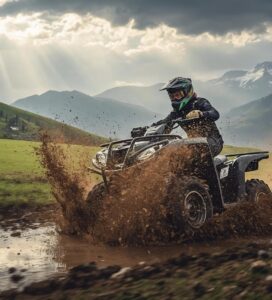 ATV четириколка преминава през кален терен с Пирин планина на заден план