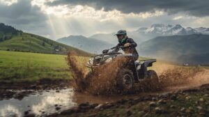 ATV quad bike driving through muddy terrain with Pirin Mountain in the background