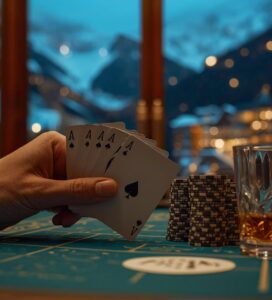 Покер маса с чипове и карти в казино в Банско на фона на заснежени планини