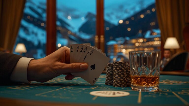 Poker table with chips and cards in a casino in Bansko against the backdrop of snowy mountains