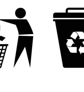 Черни силуетни икони на бял фон: отляво човек изхвърля боклук в мрежесто кошче, отдясно затворен контейнер с логото за рециклиране върху него.