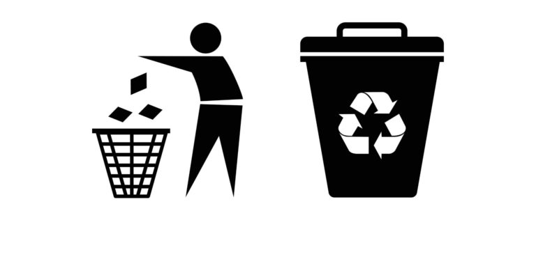 Black silhouette icons on a white background: on the left, a person throws trash into a mesh bin, on the right, a closed container with the recycling logo on it.