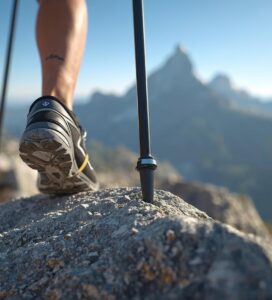 урист използва телескопични щеки по каменистия терен към връх Вихрен в Пирин.