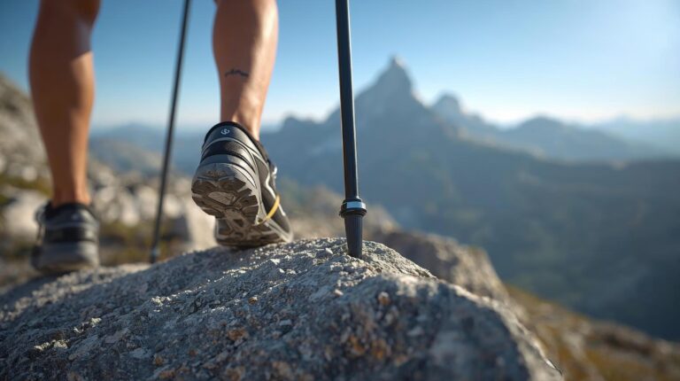A hiker uses telescopic poles on the rocky terrain towards Vihren Peak in Pirin.