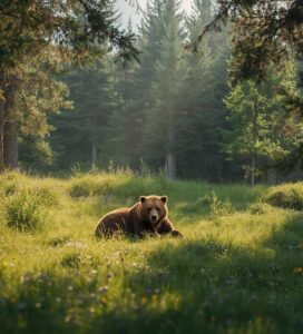 Кафява мечка в естествена среда в Парка за танцуващи мечки край Белица, близо до Банско.