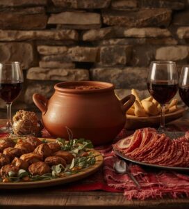 Богато наредена маса в традиционна механа с глинено гърне, плато с тънко нарязани сухи мезета, печени ястия и чаши с червено вино на фона на каменна стена.