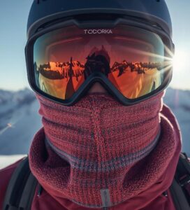 Скиор с предпазна мултифункционална кърпа бъф на фона на връх Тодорка в Пирин.