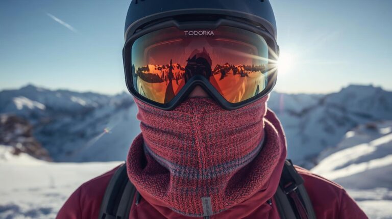 A skier with a protective multifunctional buff towel against the backdrop of Todorka Peak in Pirin.