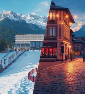 Колаж от две части, показващ ски писта със състезателни флагове под заснежените върхове на Пирин и оживена калдъръмена улица в Банско вечер с празнично осветление.