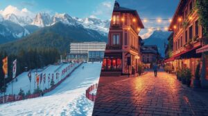 A two-part collage showing a ski slope with racing flags under the snow-capped peaks of Pirin and a bustling cobblestone street in Bansko at night with festive lighting.