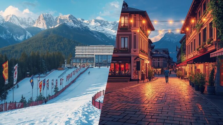 A two-part collage showing a ski slope with racing flags under the snow-capped peaks of Pirin and a bustling cobblestone street in Bansko at night with festive lighting.