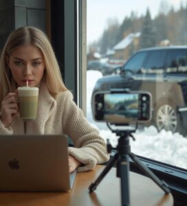 Стилен украински турист работи на лаптоп в кафе в Банско с гледка към джип