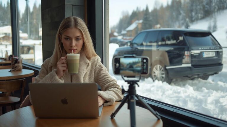 Stylish Ukrainian tourist works on a laptop in a cafe in Bansko with a view of a jeep