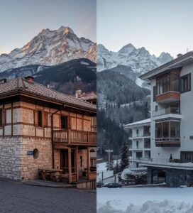 Сравнение между традиционна къща в стария град и модерен ваканционен комплекс в Банско на фона на Пирин.